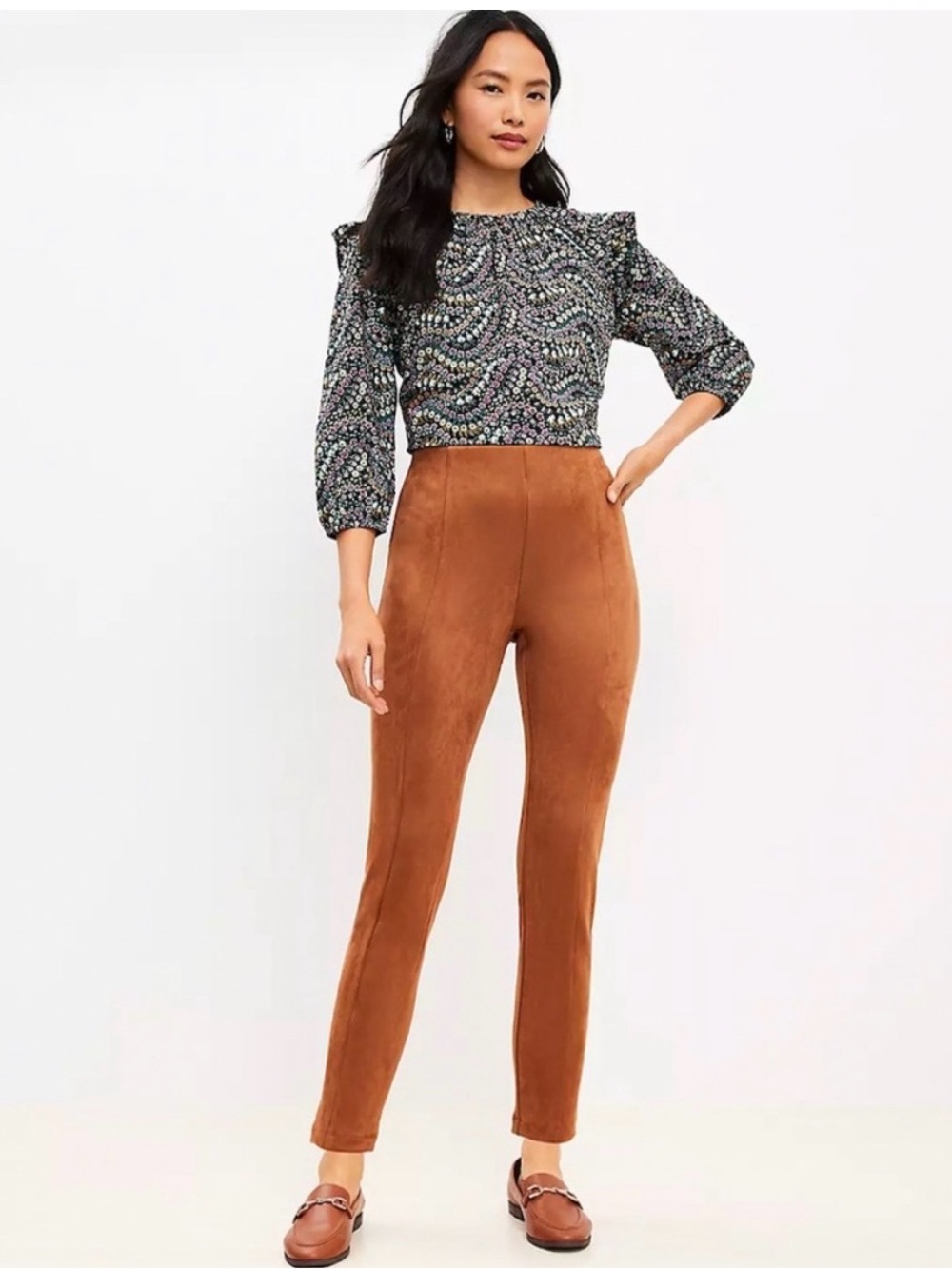 LOFT High-Rise Skinny Faux Suede in Chestnut Brown